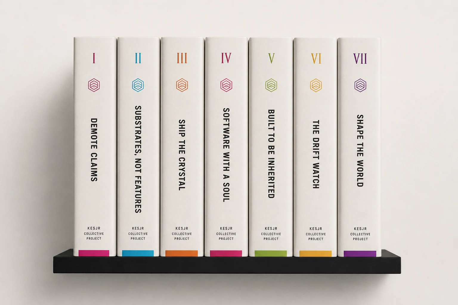 The seven white volumes of The Strategic Master Library arranged on a black shelf