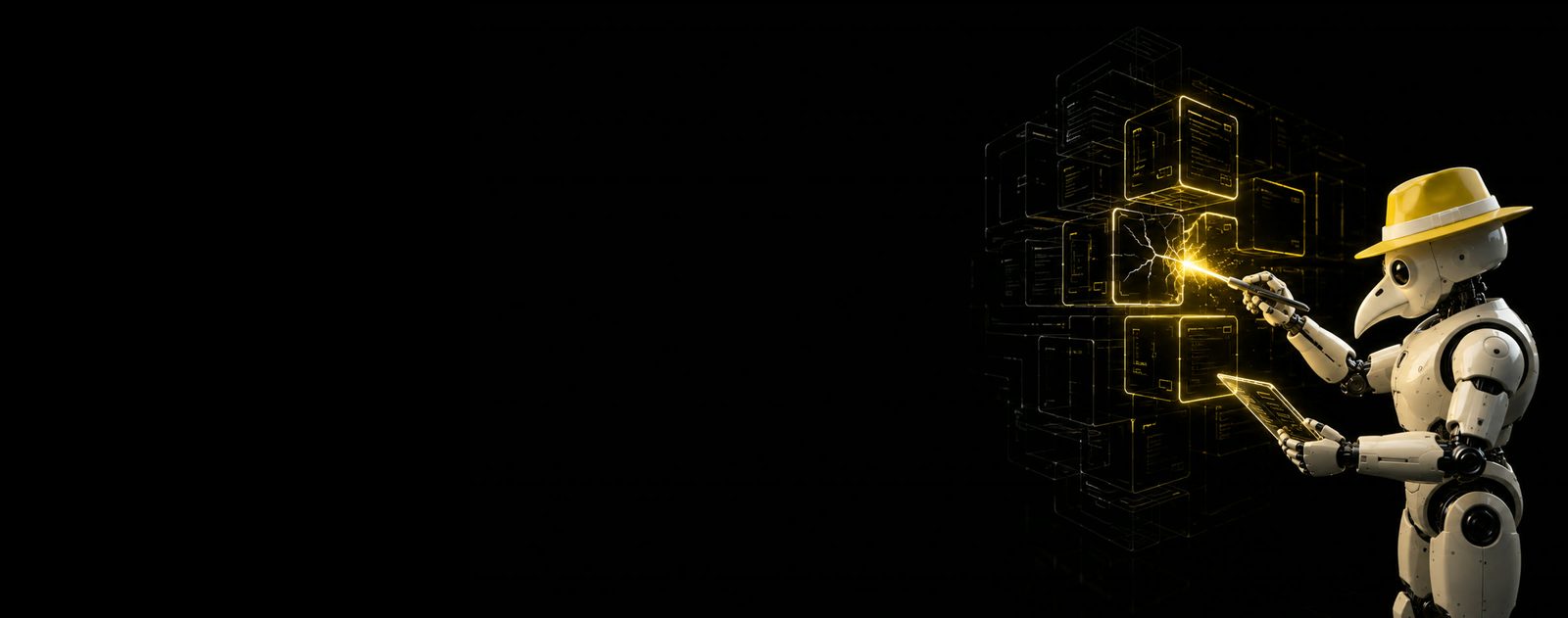A yellow agent fitting a glowing component into broken software architecture
