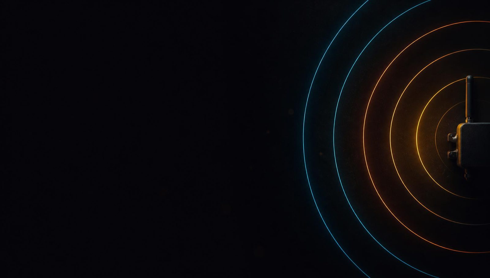 Concentric amber and cyan propagation rings radiating from a small dark antenna module