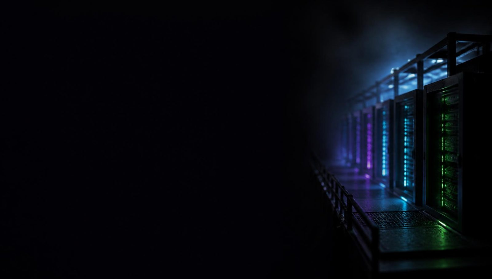 A dark data centre aisle of racks lit by green, cyan and purple indicator strips
