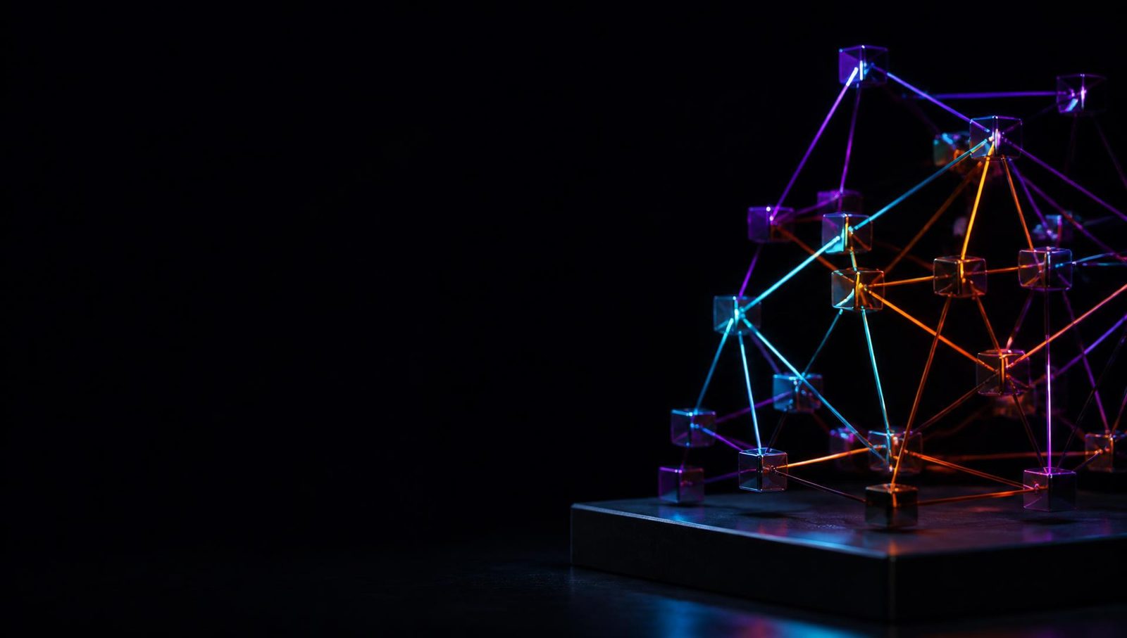 A sculptural lattice of glass cube nodes joined by glowing purple, cyan and orange filaments