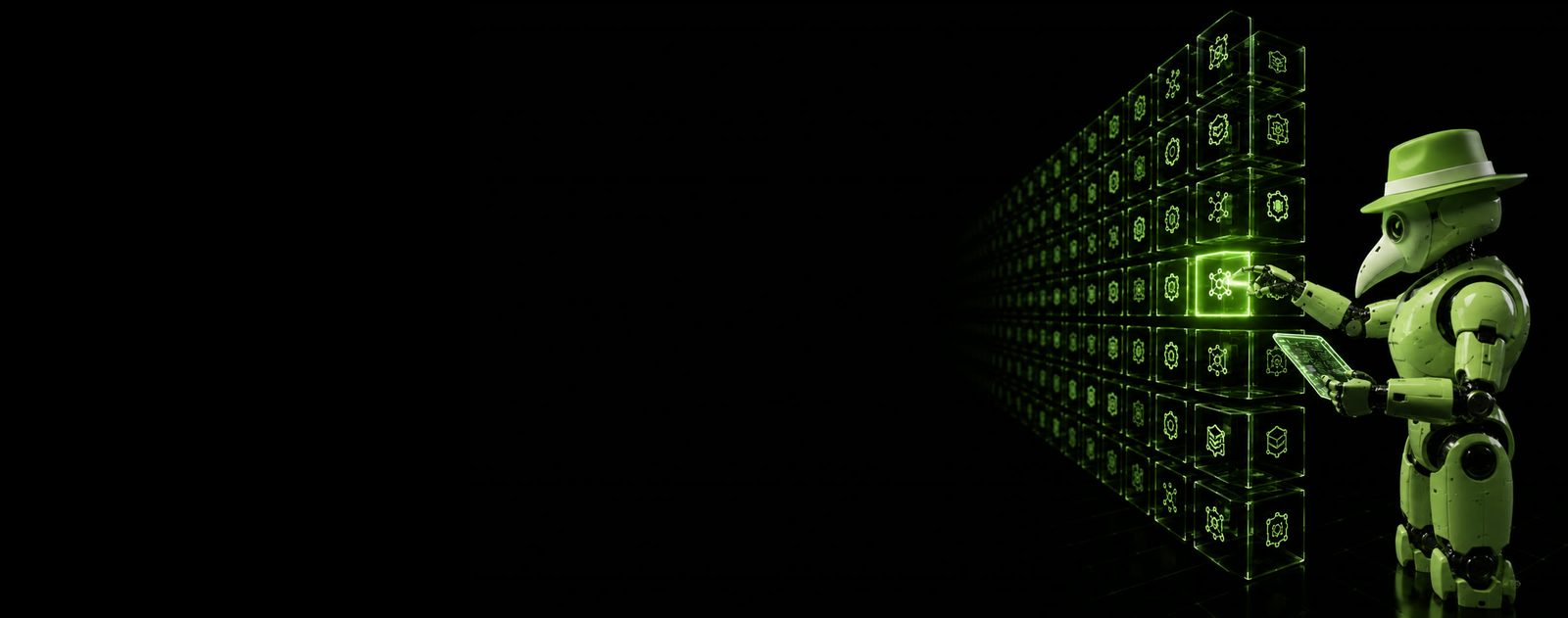 A light green agent navigating and indexing a wall of catalogued capabilities