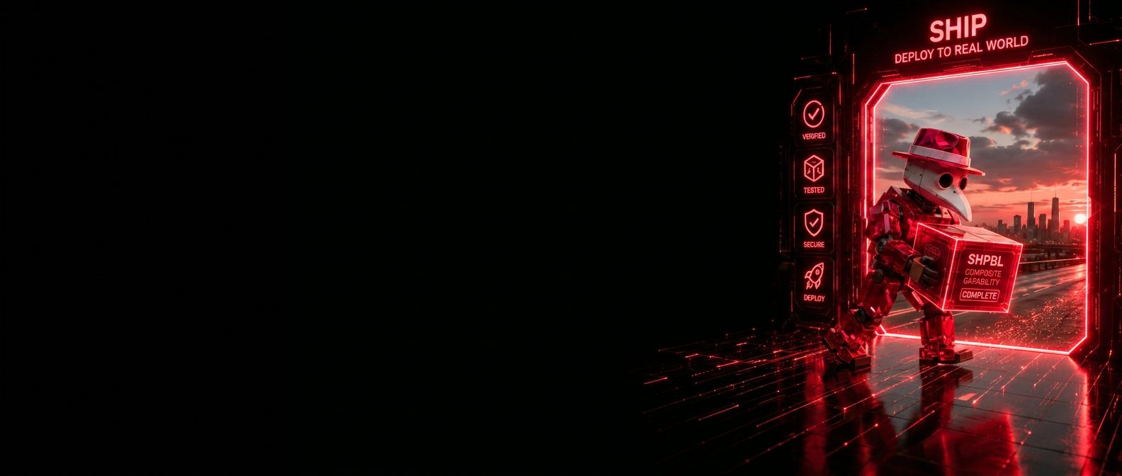 A red agent carrying verified software through a deployment gate into the real world