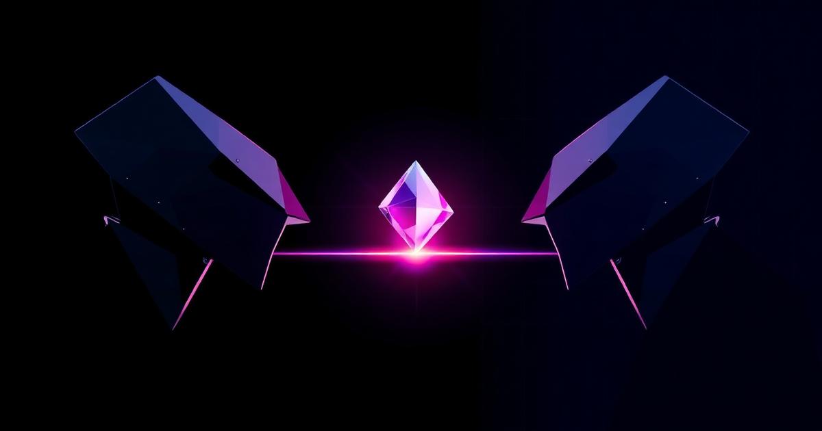 Two angular agent forms passing a glowing crystal shard across a bright seam