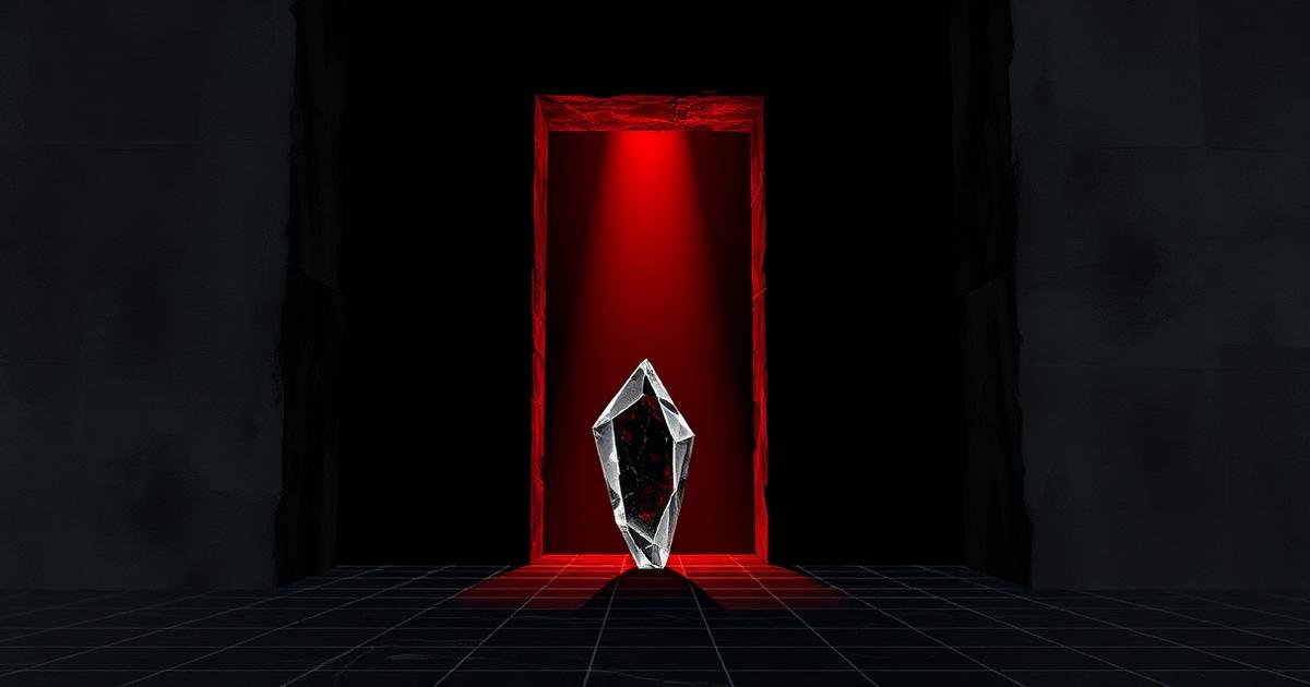 A crystal shard held at a red-lit gateway in a black wall