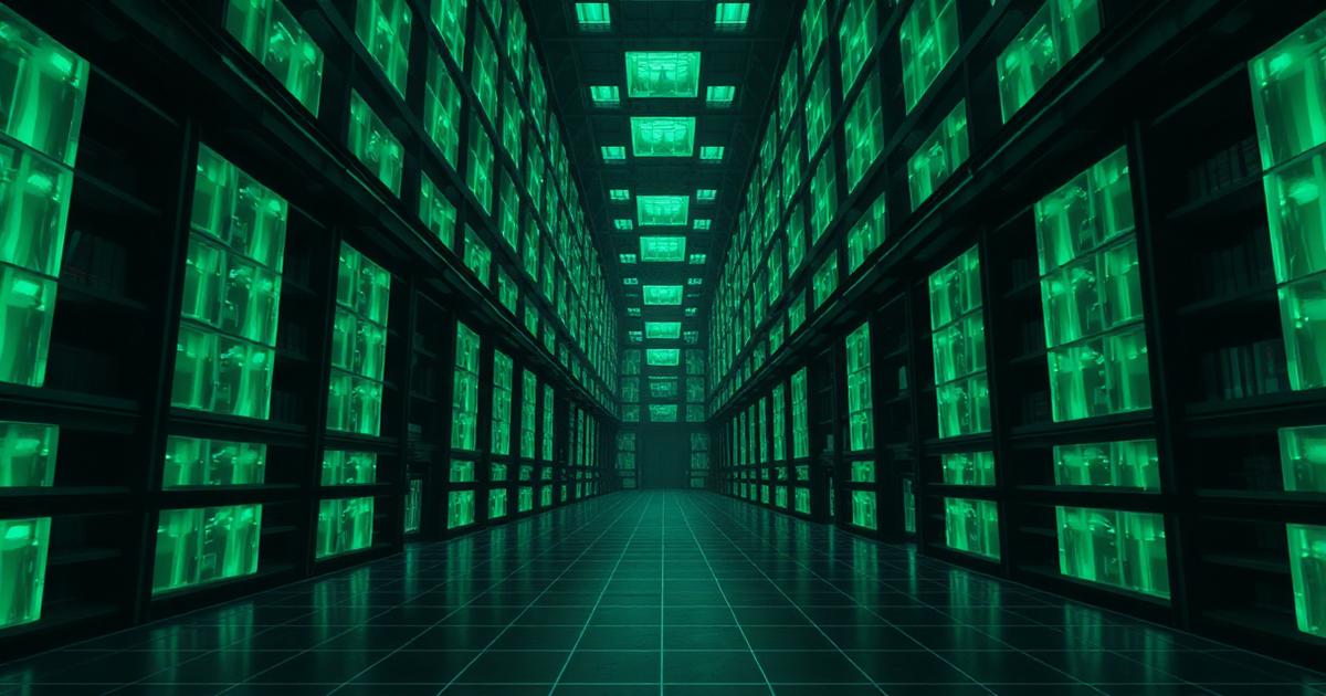 A vaulted library of glowing green crystal blocks in ordered bays