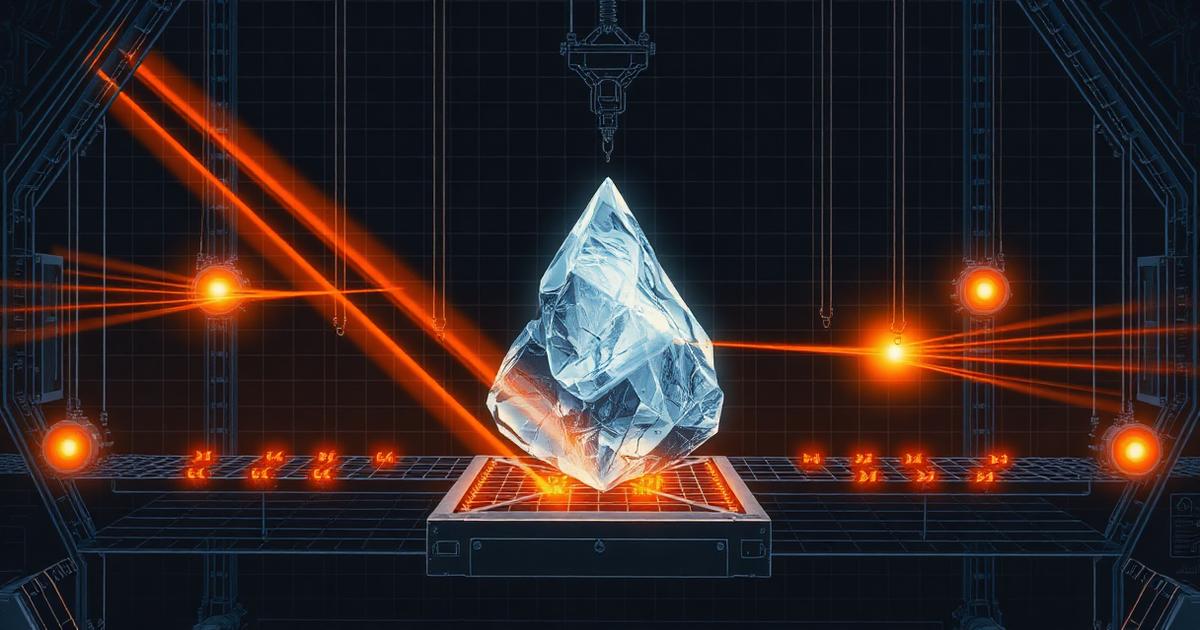 A crystal artifact under orange probe beams inside a test rig