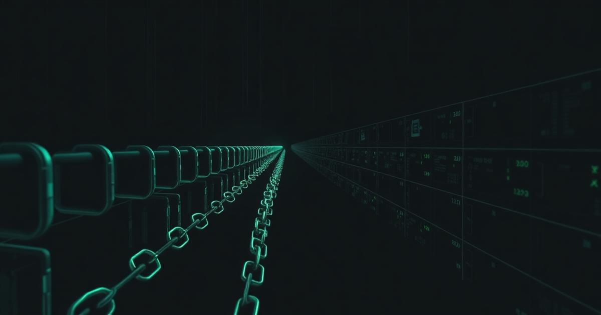 A long ledger of chained glowing blocks stretching into the dark